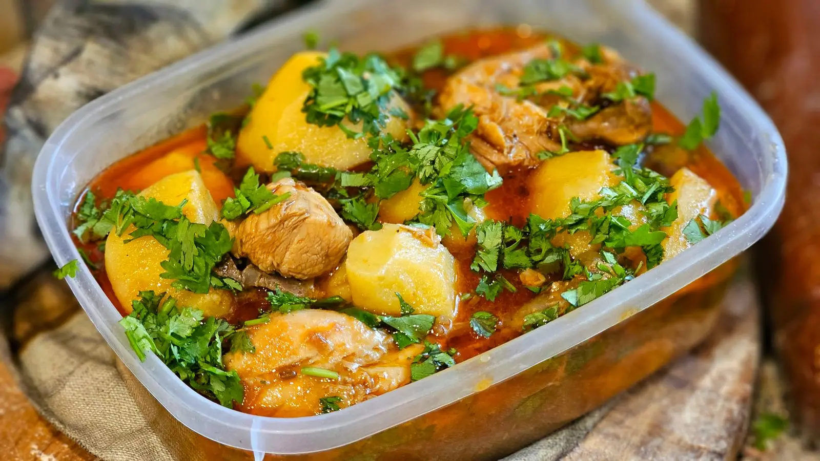 Chicken and potato stew topped with cilantro in a plastic storage container