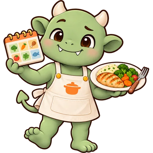 InventoryImp mascot holding a plate of food and a meal-planning calendar